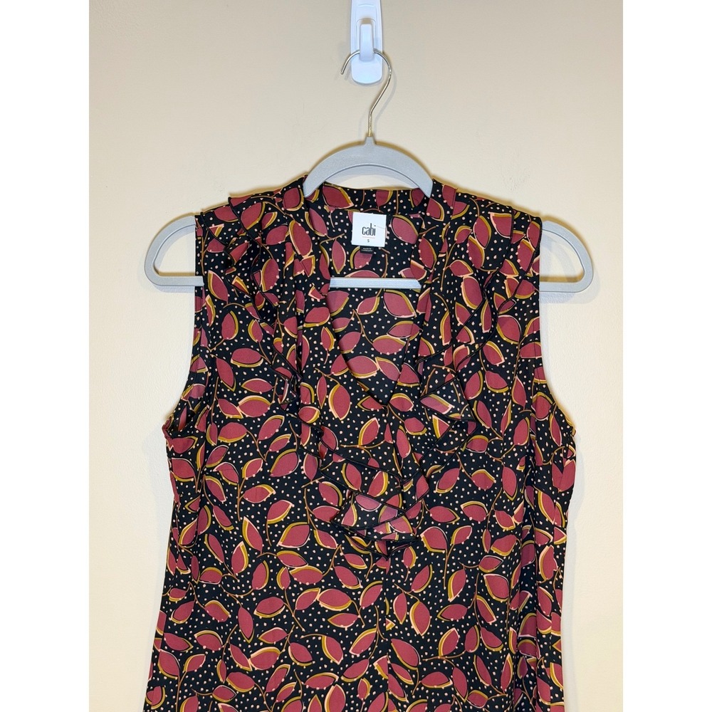 Cabi Womens Blouse Burgundy Black Leaf Small Ruffle V-Neck‎ Sleeveless Casual - Picture 4 of 7
